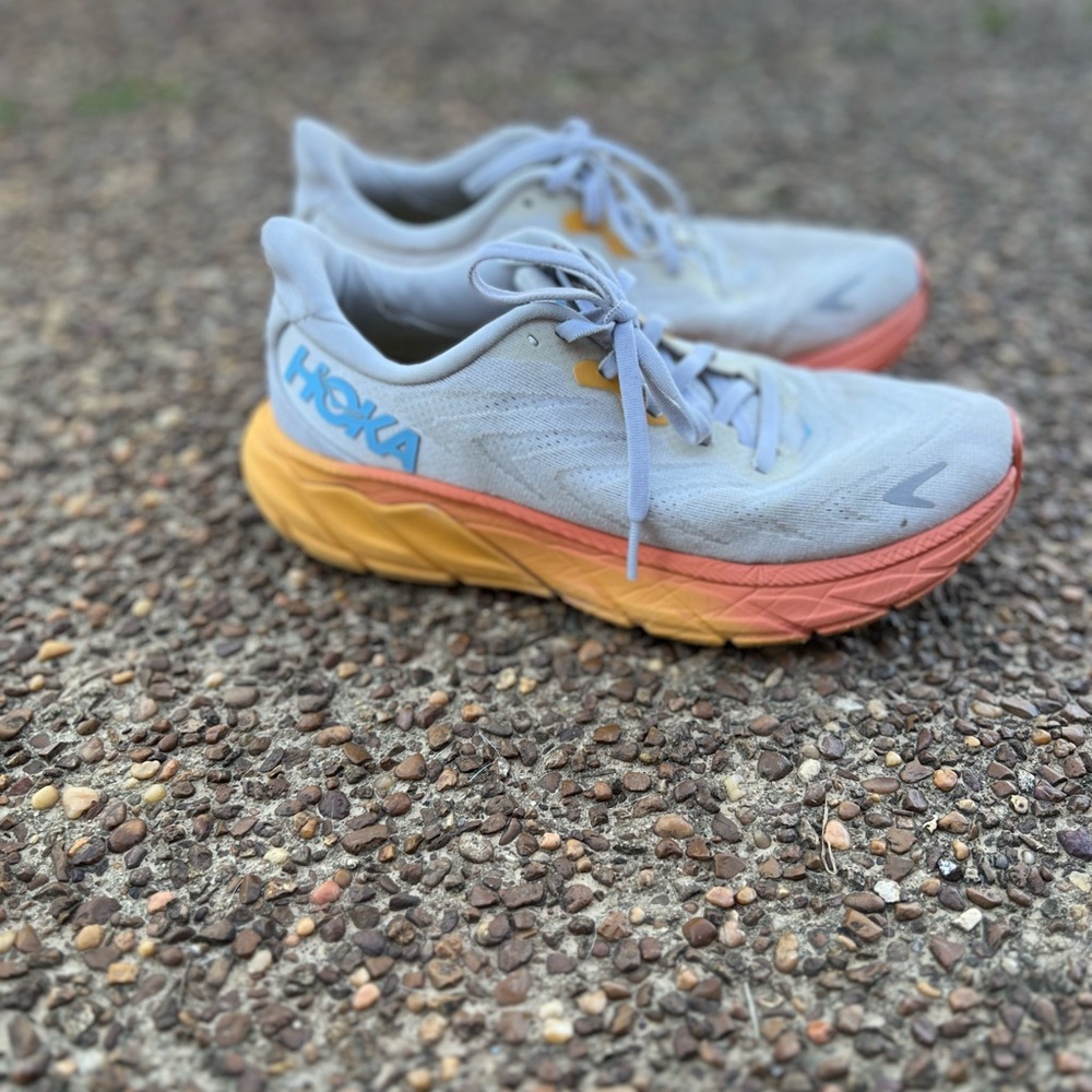 Hoka Light Gray and Coral Running Shoes